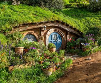 De ingang van een hobbit huis in Hobbiton, Wakato in Nieuw-Zeeland